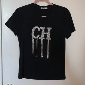 Black Tee - CH initials with sequin design